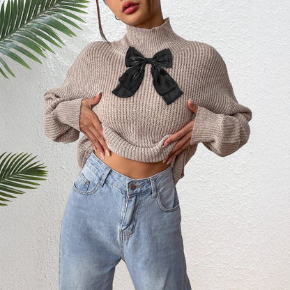 Women Top Half Turtleneck Pullover Black Mesh Bow Patched Color Floral Velvet Autumn Winter Undershirt Bella Mia