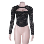 Sexy lace cutout long sleeve push-up top for women, stylish autumn fashion by Plush Fashion Hub with a fitted design.