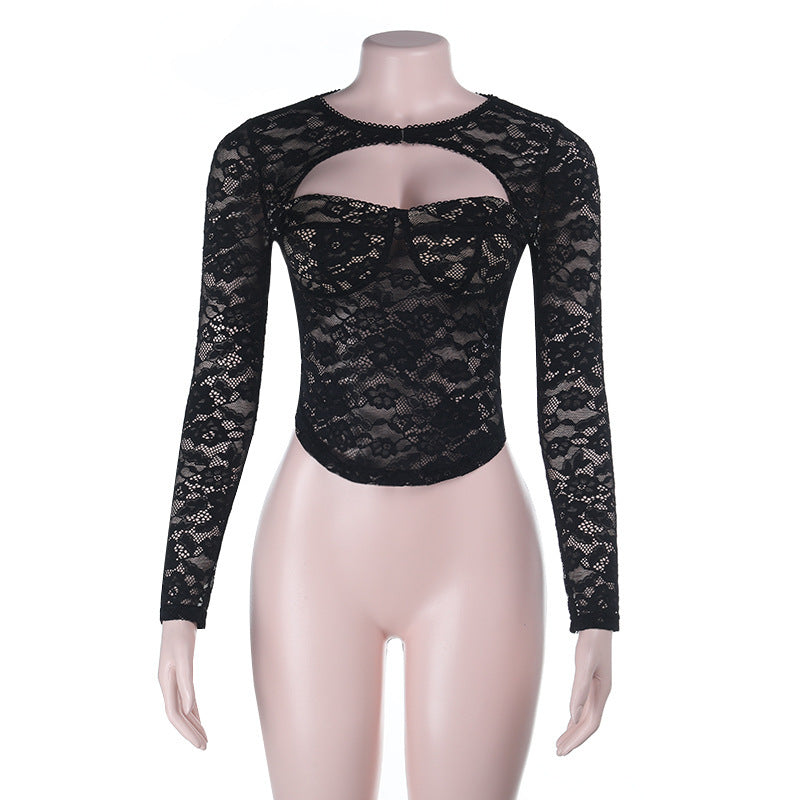 Sexy lace cutout long sleeve push-up top for women, stylish autumn fashion by Plush Fashion Hub with a fitted design.