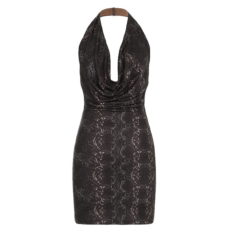 Metallic glossy sleeveless halter dress with swing collar by Bella Mia, backless sheath style with a sexy, elegant fit.