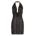 Metallic glossy sleeveless halter dress with swing collar by Bella Mia, backless sheath style with a sexy, elegant fit.