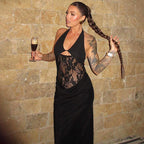 Bella Mia summer backless lace cutout maxi dress with halter neckline and slim fit sheath style, ideal for warm-weather occasions.