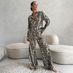 Bella Mia autumn satin leopard print pajama bottoms for women, featuring long sleeves and comfortable trousers for homewear.