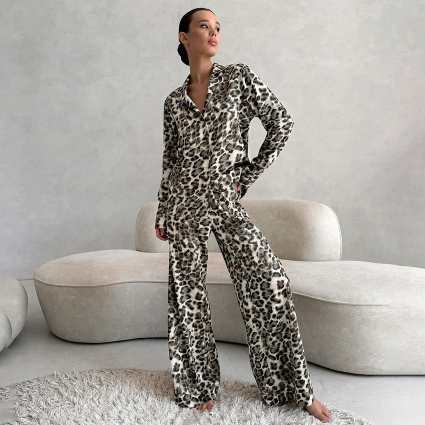 Women’s satin leopard print pajamas with long sleeves and trousers, soft and comfortable for homewear by Plush Fashion Hub.