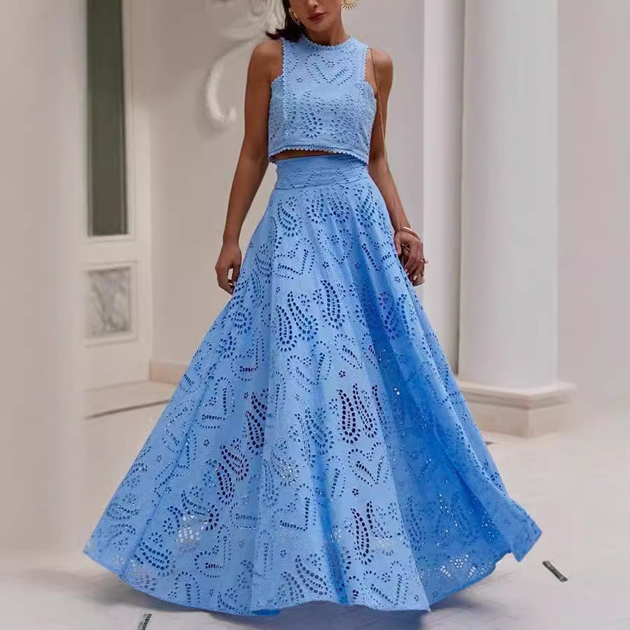 Casual women's sleeveless long skirt and top matching set with pockets, ideal for spring and summer vacation, by Plush Fashion Hub.