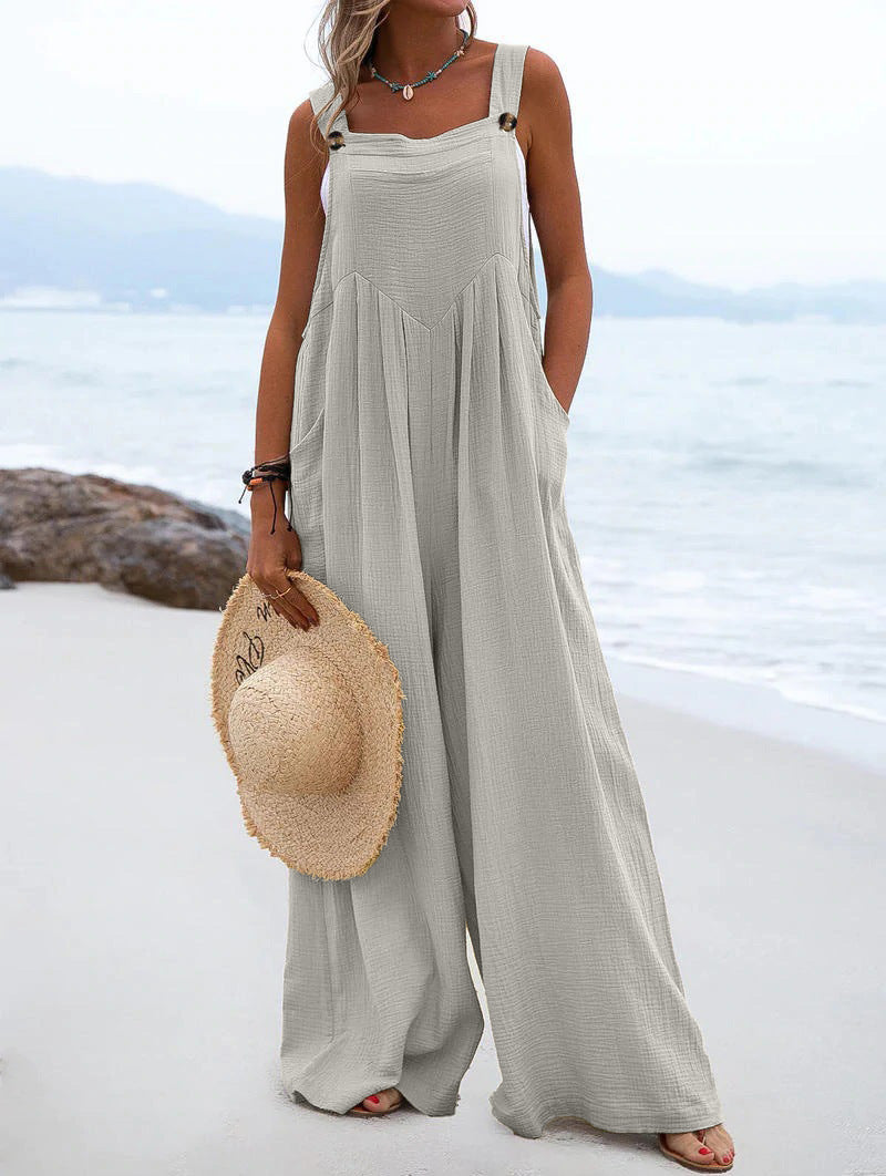 Women’s summer jumpsuit by Bella Mia, ethnic solid color wide-leg jumpsuit with comfortable fit and stylish design.