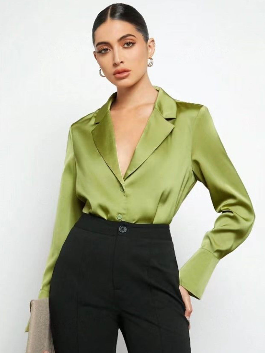 Elegant satin faux silk long sleeve shirt for women by Bella Mia, showcasing minimalist spring-summer clothing style.