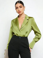 Elegant satin faux silk long sleeve shirt for women by Bella Mia, showcasing minimalist spring-summer clothing style.
