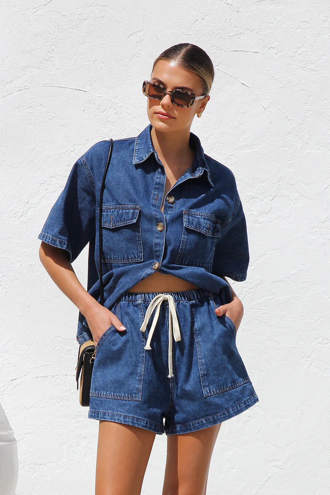 Casual women’s summer denim matching set with loose fit, short sleeves, and pockets by Plush Fashion Hub.