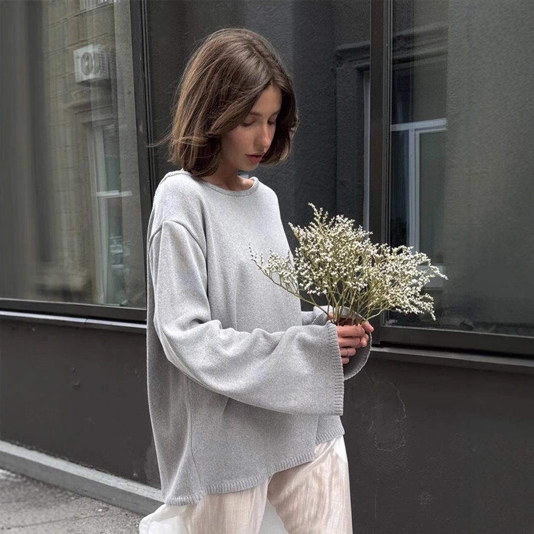 Bella Mia women's cotton backless pullover sweater, loose knitted autumn winter outerwear with a cozy, stylish design.