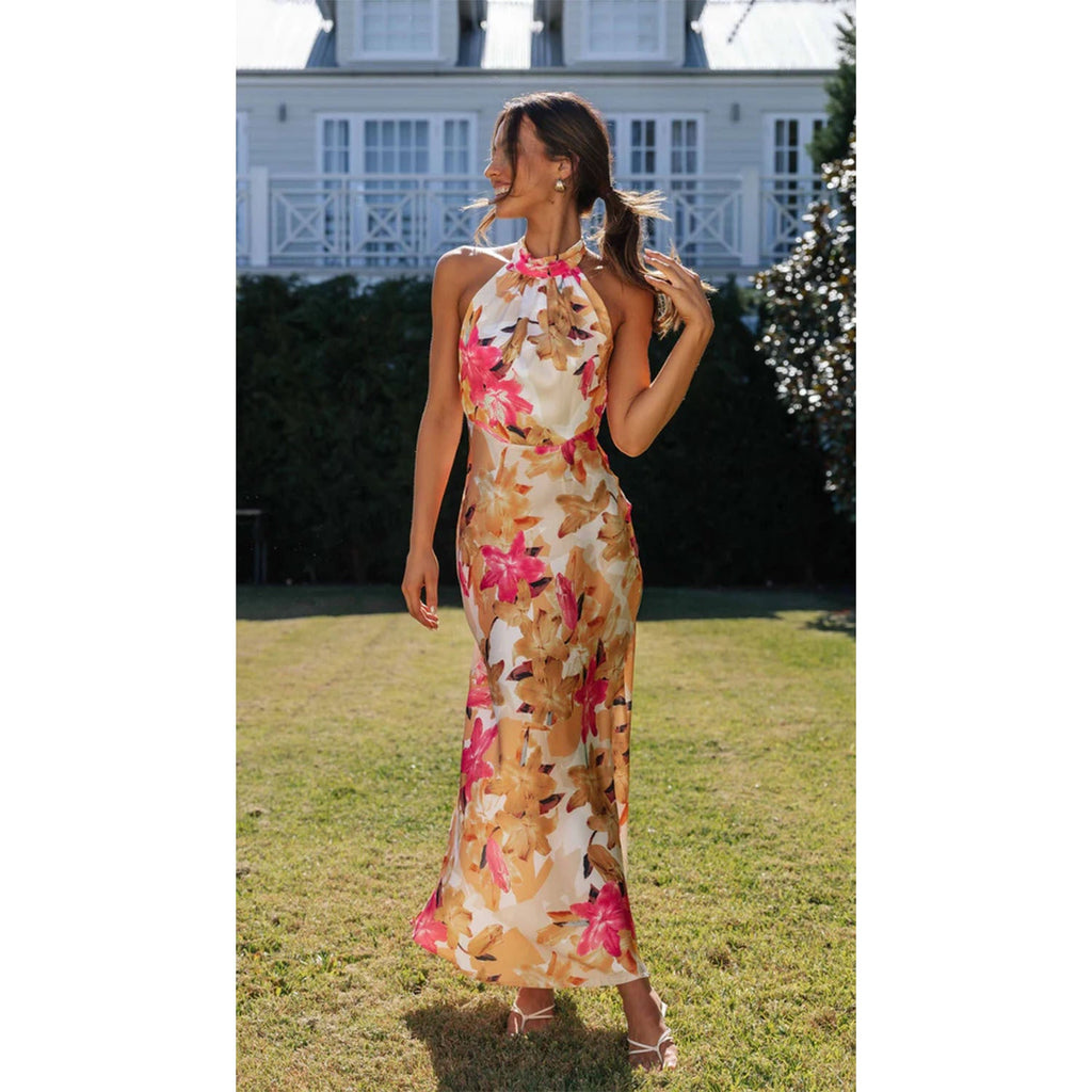 Floral digital print halter dress from Plush Fashion Hub featuring a mid-length, spring and summer floral design.