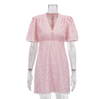 Women’s summer floral dress by Plush Fashion Hub, casual V-neck short sleeve, high waist, lightweight short dress.