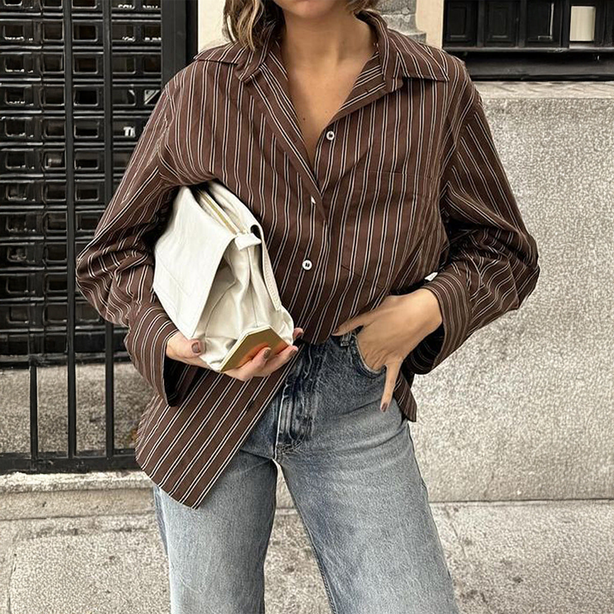 Women’s plaid long sleeve coat shirt by Plush Fashion Hub, perfect for autumn casual vacation wear, shown in a stylish plaid pattern.