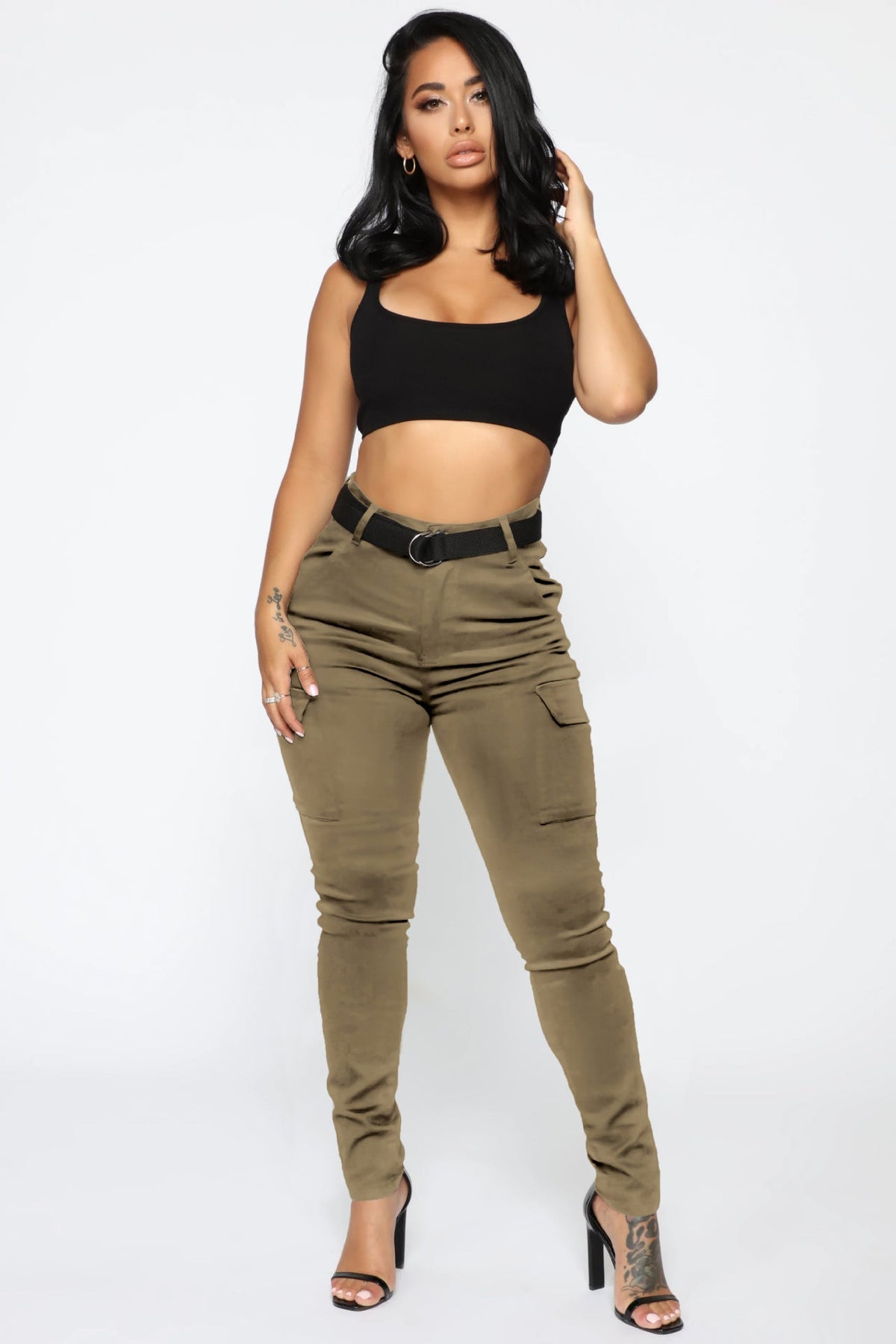 Casual women's four-season skinny sports trousers by Plush Fashion Hub with stretch fabric and a belt, suitable for active wear.