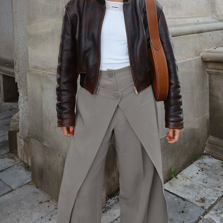 Bella Mia high waist women’s wide-leg trousers with asymmetrical, loose fit, ideal for spring casual wear.