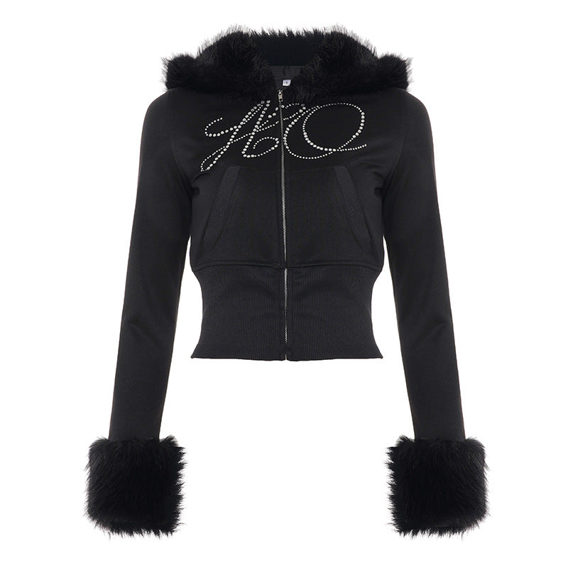 Bella Mia fleece-lined casual sweater coat and rhinestone sweatpants set with letter graphics, long sleeves, zipper front, autumn winter style.