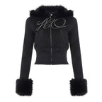 Bella Mia fleece-lined casual sweater coat and rhinestone sweatpants set with letter graphics, long sleeves, zipper front, autumn winter style.