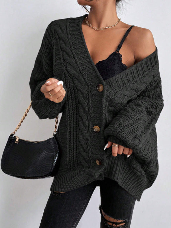 Bella Mia women's V-neck sweater with retro twist, loose fit, lantern sleeves, knitted cardigan outerwear for women.