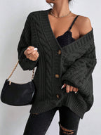 Bella Mia women's V-neck sweater with retro twist, loose fit, lantern sleeves, knitted cardigan outerwear for women.