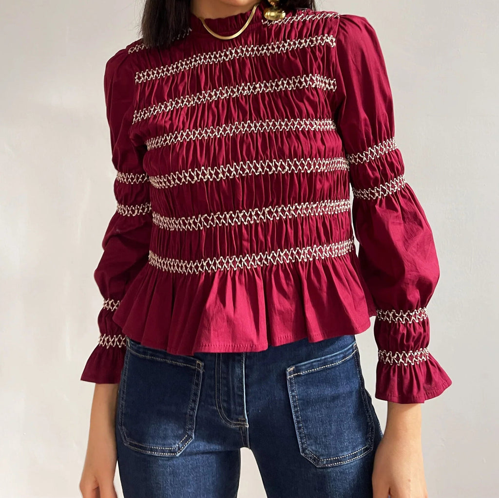 Bella Mia multi-color long sleeve casual top with high collar, smocking details, perfect for autumn and winter wear.