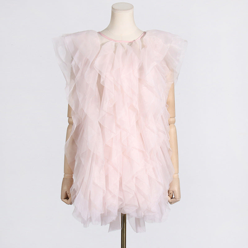 See-through organza sleeveless dress with asymmetric ruffled stitching, designed by Plush Fashion Hub for women.