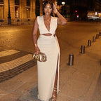 Women's Bella Mia solid color dress with oblique V-neck, off-shoulder, sleeveless design, irregular cut, and asymmetric slit.