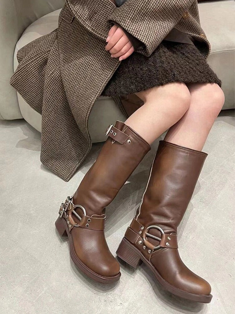 Retro Studded Knight Chunky Heel Boots Plush Fashion Hub