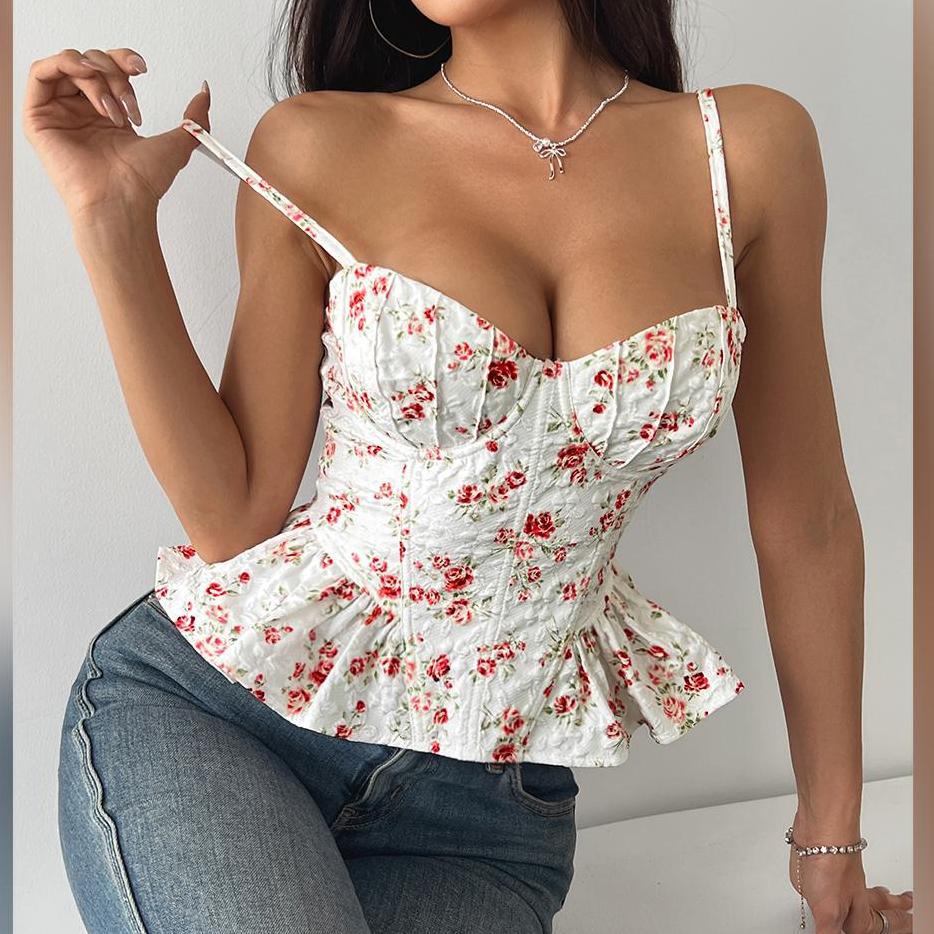 Spring Summer Floral Irregular Asymmetric Ruffled Light Slimming Sexy Backless Lace up Wrapped Chest Bella Mia