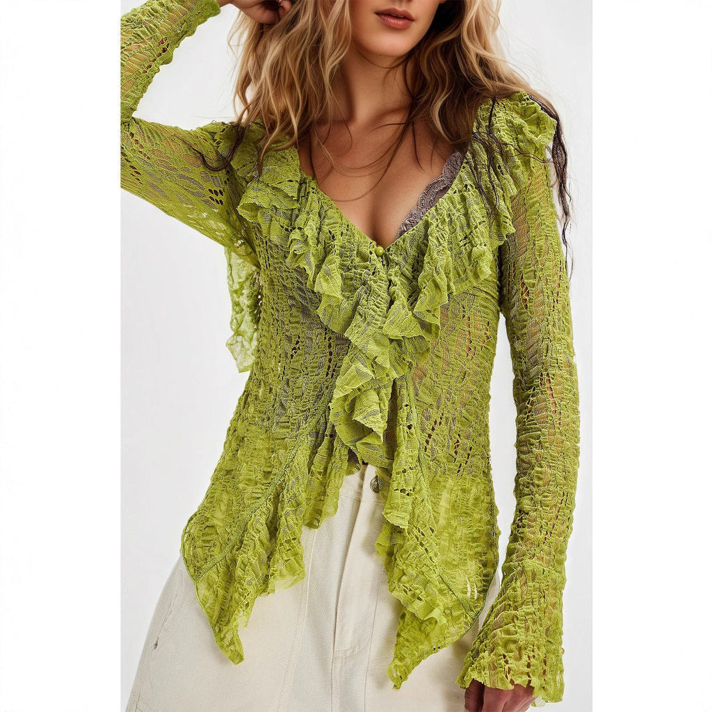 Lace V-neck women's long sleeve knitted top with ruffles, short style, in autumn colors, by Plush Fashion Hub.