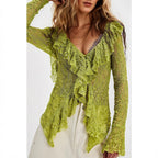 Lace V-neck women's long sleeve knitted shirt with ruffles, short cardigan top in autumn style, from Plush Fashion Hub.