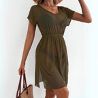Casual sleeveless V-neck mesh dress with cinched waist and short sleeves by Plush Fashion Hub, perfect for warm-weather wear.