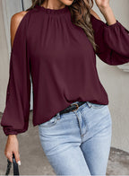 Bella Mia women's autumn winter pleated off-shoulder blouse with round neck, long sleeves, and solid color lotus leaf design.