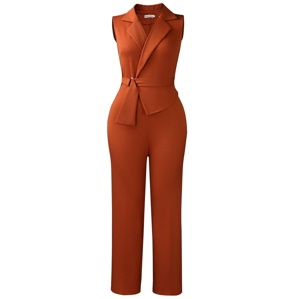 Plush Fashion Hub summer sleeveless collar lace-up wide-leg jumpsuit, solid color, stylish and comfortable bottoms for warm weather.