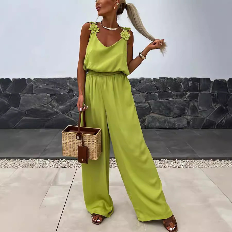 Plush Fashion Hub sleeveless spring-summer jumpsuit with suspenders, pockets, casual loose fit for women, front view.
