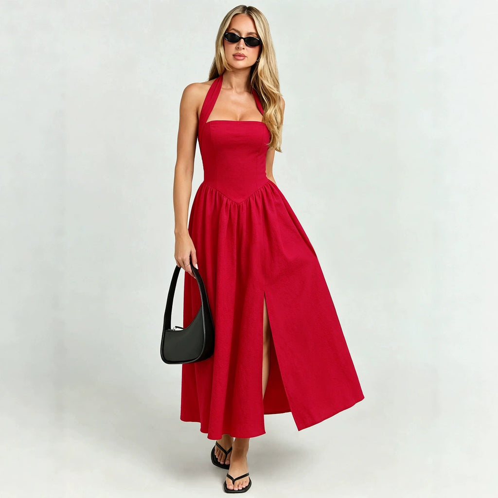 Red backless halter lace-up dress with waist trimming and a large swing split, perfect for holiday occasions by Plush Fashion Hub.
