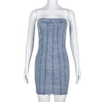 Bella Mia denim backless dress for women, sleeveless spring summer dress with washed denim finish and chest wrap design.