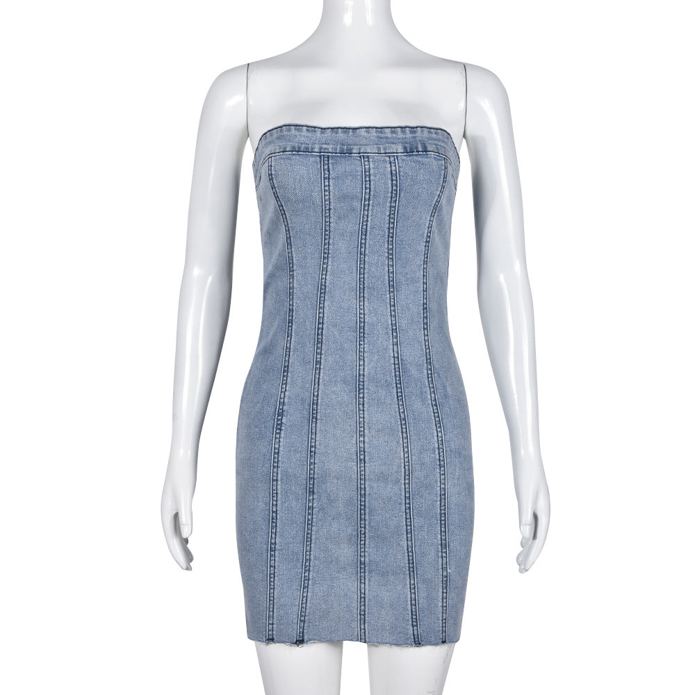 Bella Mia denim backless dress for women, sleeveless spring summer dress with washed denim finish and chest wrap design.