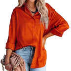 Women’s satin long sleeve shirt by Bella Mia featuring an autumn gravel pattern, loose fit, and comfortable style.