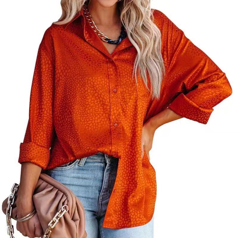 Women’s satin long sleeve shirt by Bella Mia featuring an autumn gravel pattern, loose fit, and comfortable style.