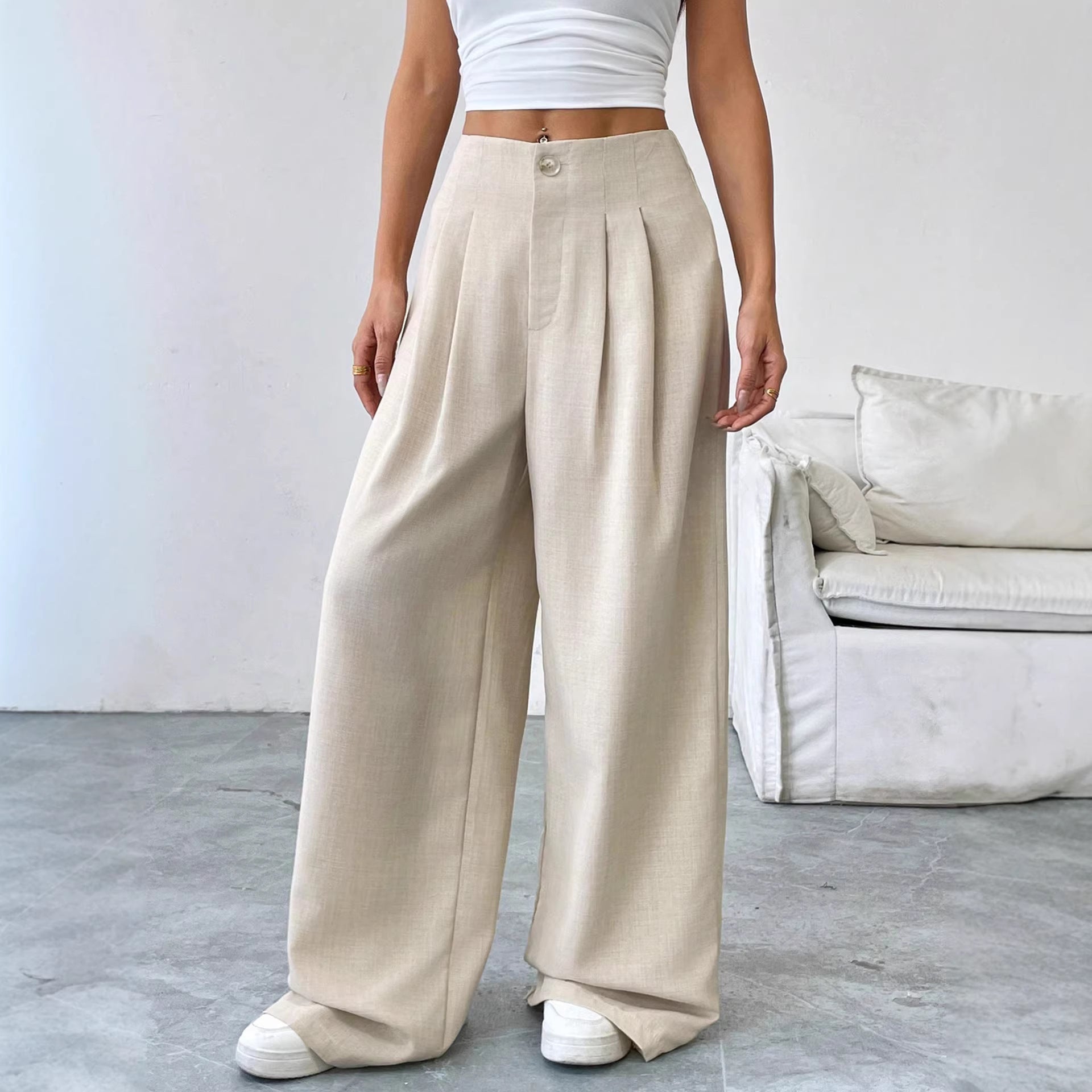 Elegant beige Bella Mia women's loose straight autumn winter pants with a drooping design and slim fit, perfect for casual or work wear.