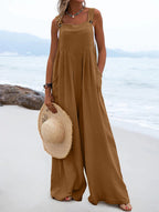 Women’s summer jumpsuit by Bella Mia with ethnic solid color design and wide-leg style, perfect for warm-weather wear.