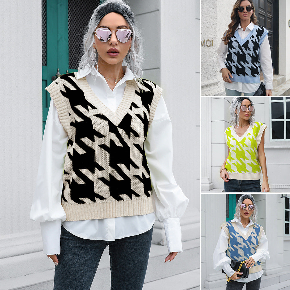 Bella Mia houndstooth V-neck vest sweater for women, stylish knit outerwear ideal for autumn and winter seasons.