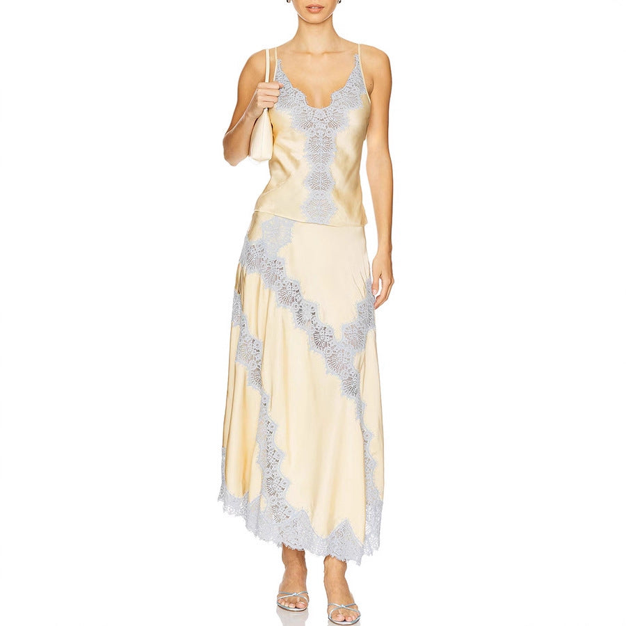 Casual spring and autumn satin stitching suspender skirt matching set by Plush Fashion Hub, featuring a loose, stylish two-piece design.