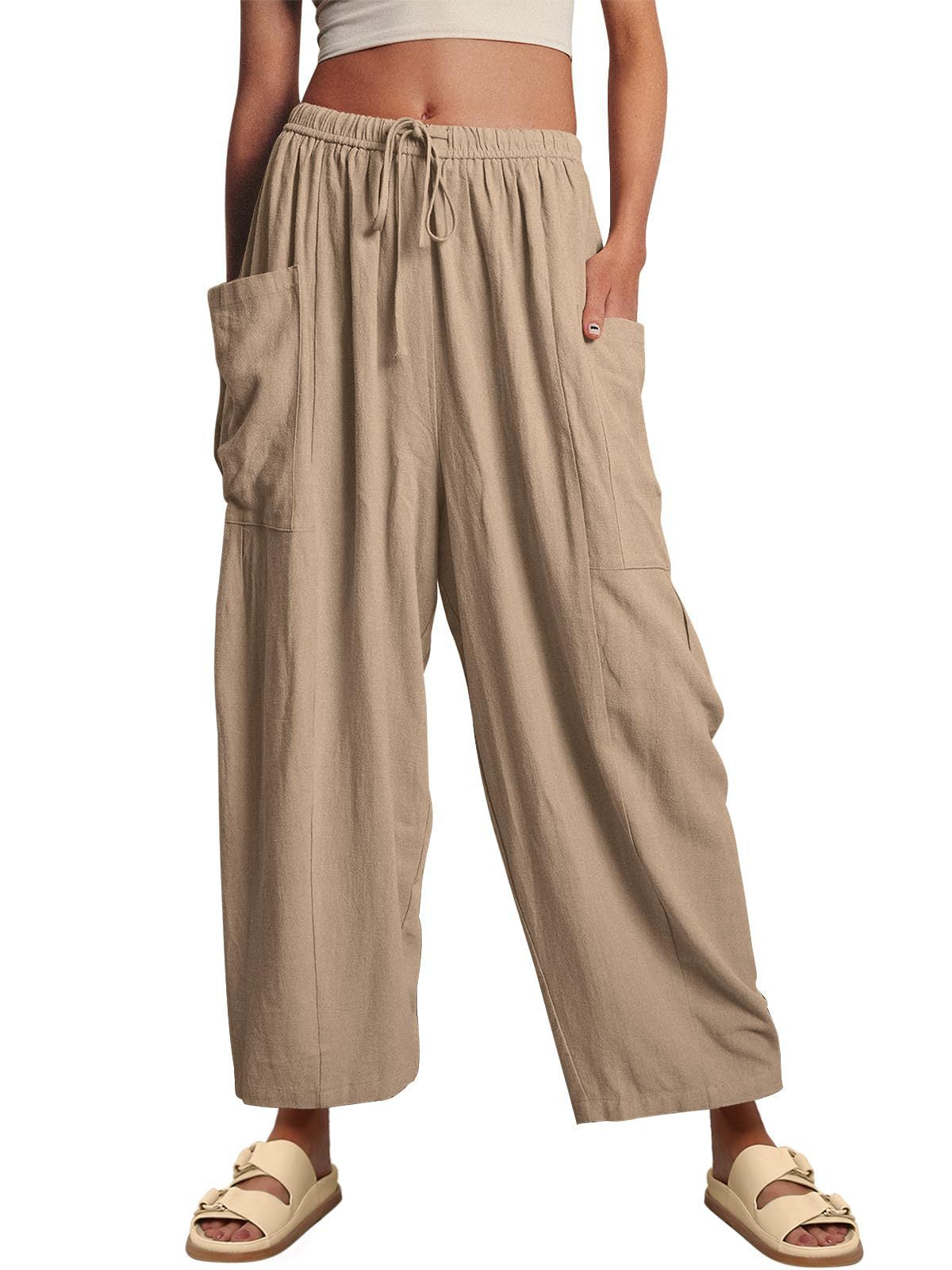 Women’s high waist wide-leg cotton linen pants with elastic waist and pleated design, casual and loose fit from Plush Fashion Hub.
