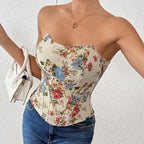 Plush Fashion Hub summer French retro floral print tube top with boning, corset-style outerwear bra, featuring a sexy, fitted design.