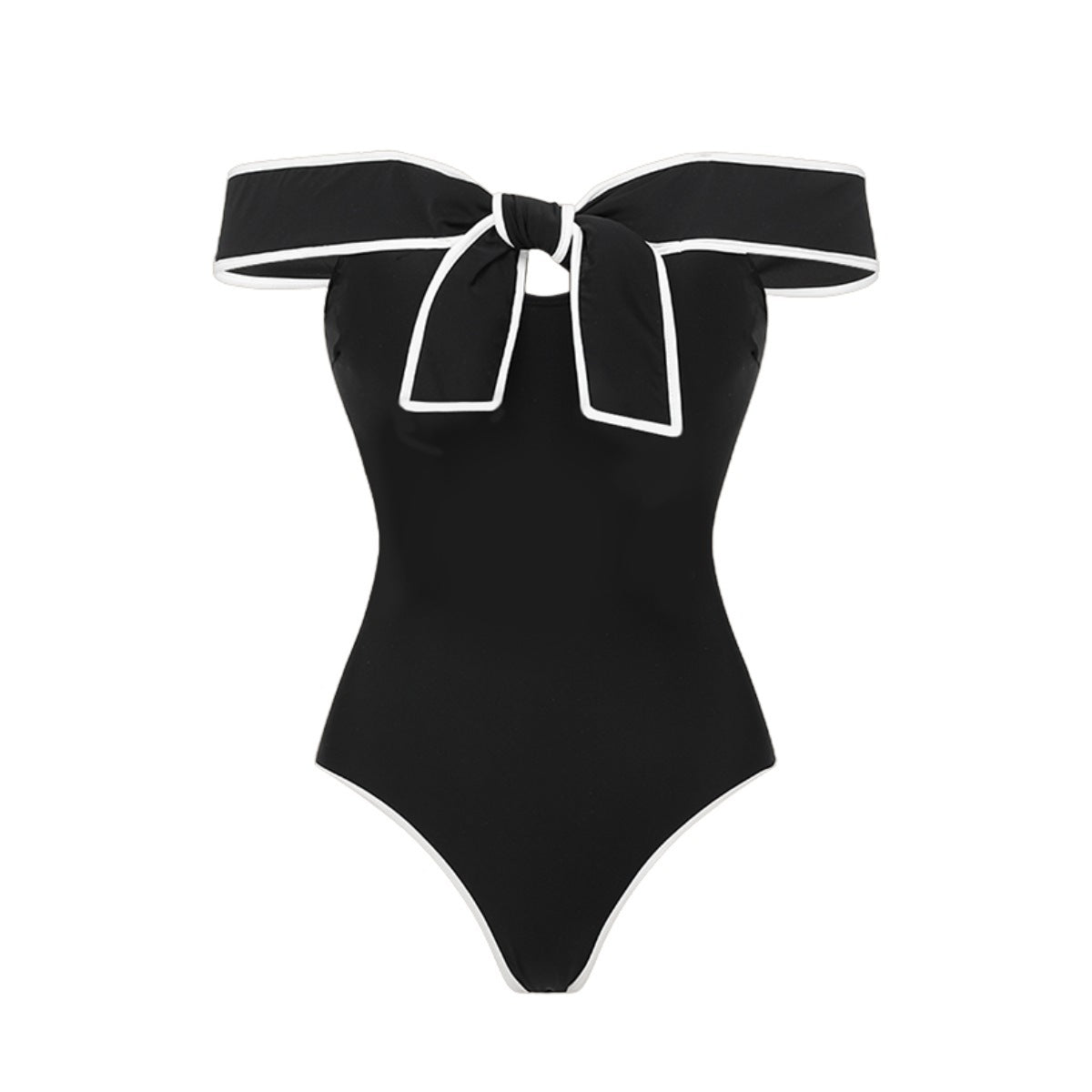 Black and white matching swimsuit bottoms with a sweet girl bow detail, featuring a white skirt, by Plush Fashion Hub.