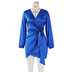 Women’s sexy silk-like wrapped dress by Bella Mia, perfect for nightclub or evening wear, featuring a stylish and flattering fit.