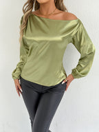 White satin long sleeve women's top by Bella Mia, summer fashion shirt with a smooth, shiny fabric and relaxed fit.