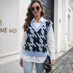 Bella Mia houndstooth V-neck sweater vest for women, cozy knit outerwear, perfect for autumn and winter seasons.