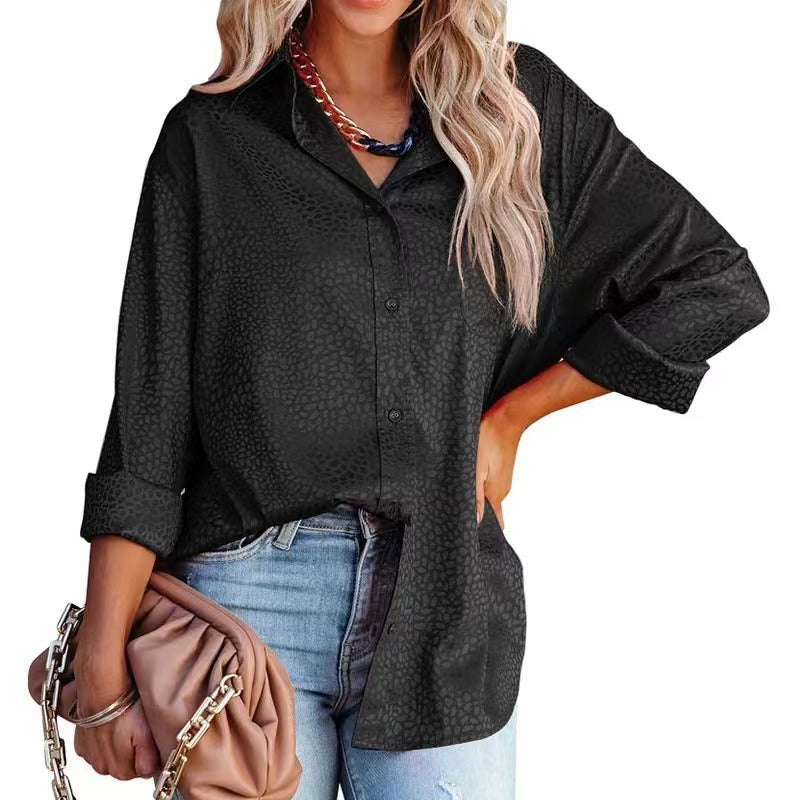 Women’s satin long sleeve shirt by Bella Mia with an autumn gravel pattern, loose fit, and comfortable design.